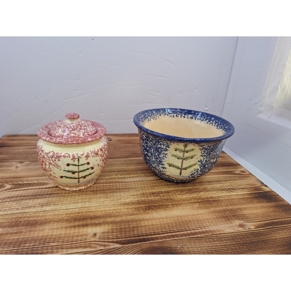MOLLY‎ DALLAS Pottery Red BLUE Spatterware Christmas Tree JAR BOWL